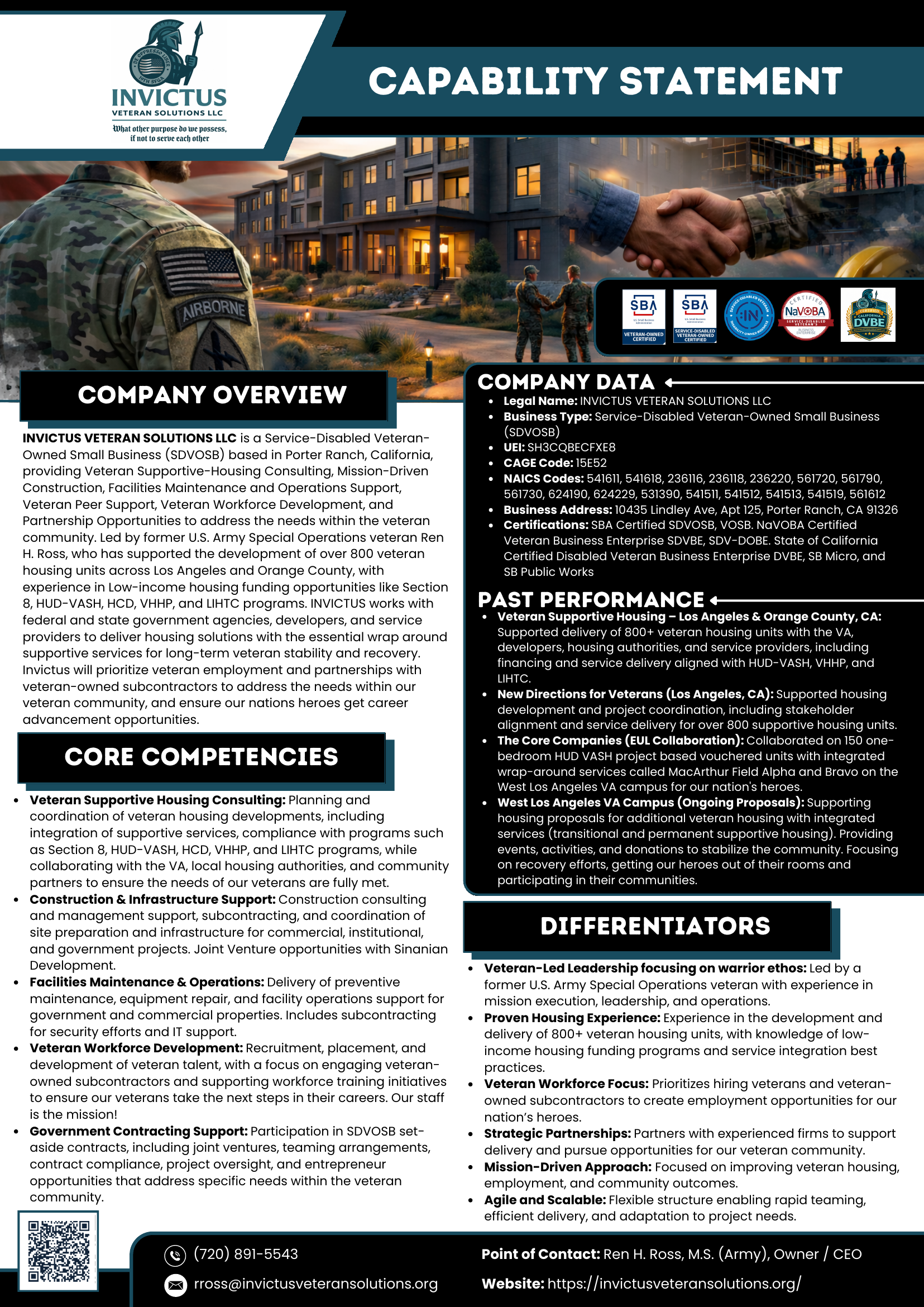 Invictus Veteran Solutions Capability Statement — company overview, core competencies, company data, past performance, and differentiators