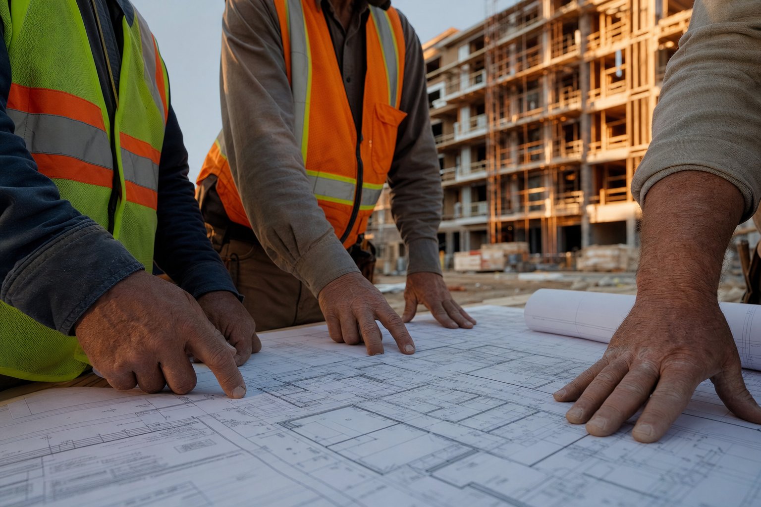 Construction professionals reviewing blueprints at a residential build site