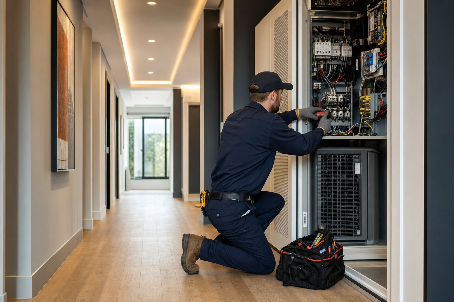 Maintenance technician servicing building HVAC and electrical systems