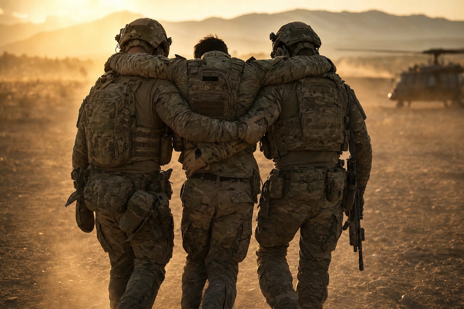 Two combat veterans support a wounded fellow soldier off the field at sunset — embodying the tenet 'I will never leave a fallen comrade.'