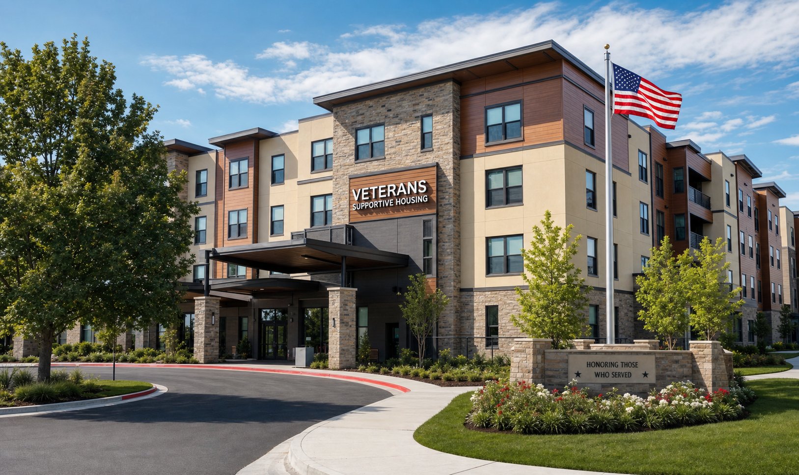 Modern multi-story veteran supportive housing complex with American flag