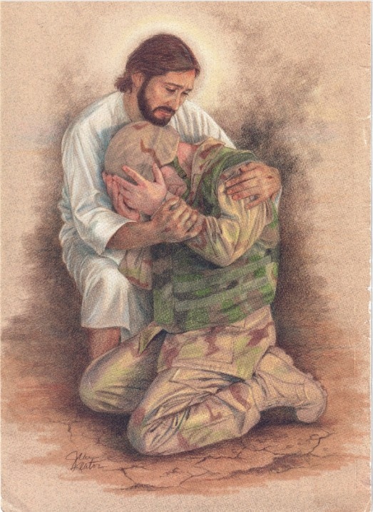 Devotional artwork of a kneeling soldier in combat uniform being held and comforted by Jesus Christ