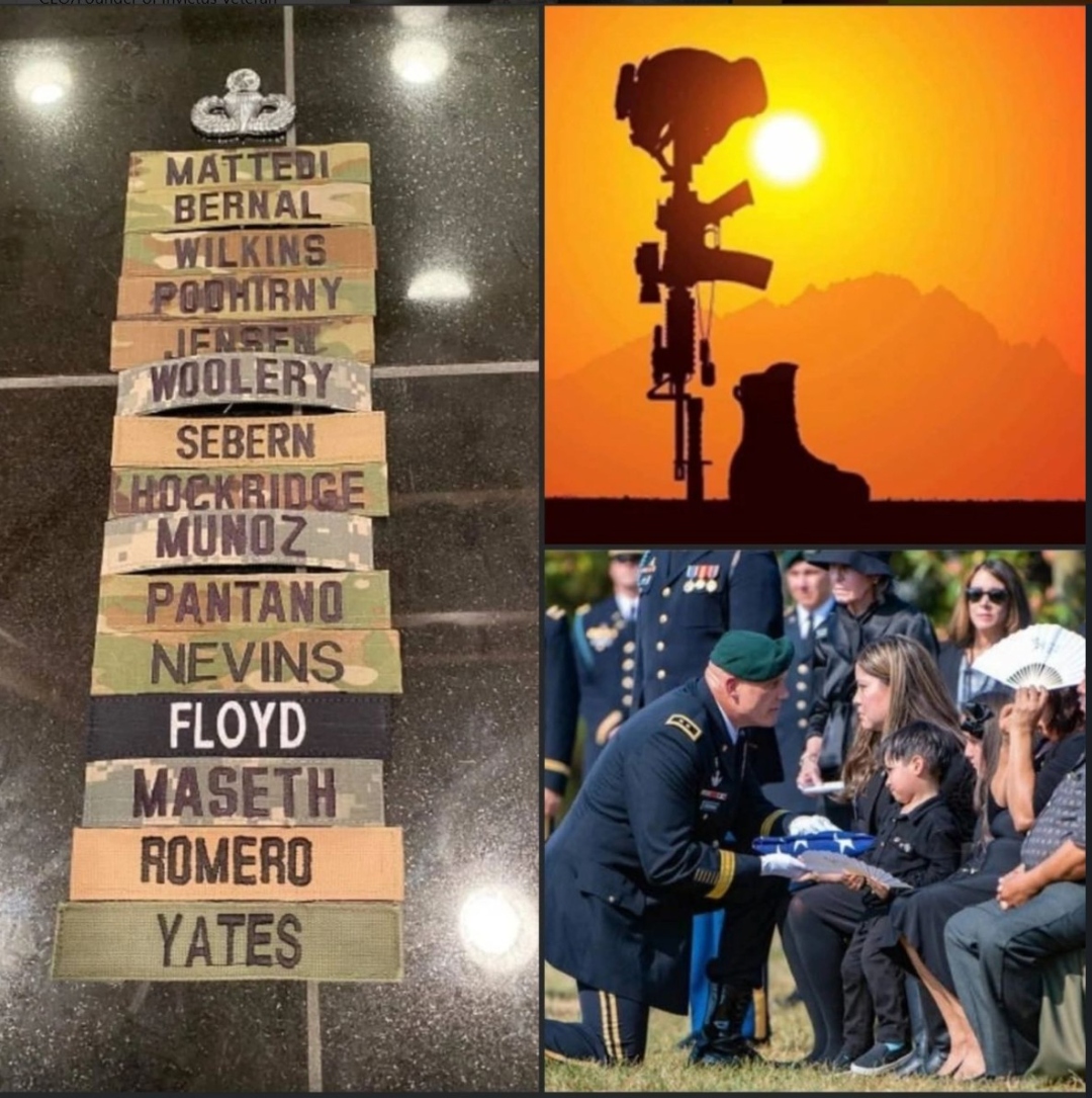Memorial tribute: the name tapes of fallen 19th Special Forces Group teammates beneath a Special Forces insignia; a Battlefield Cross silhouetted against the sunset; and a Green Beret officer presenting a folded flag to a fallen soldier's family.