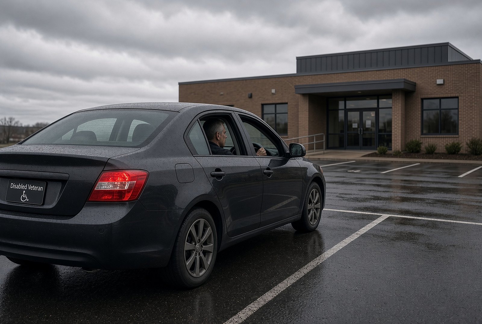 A veteran sits in a parked car outside a VA clinic, brake lights on, deciding whether to go in.