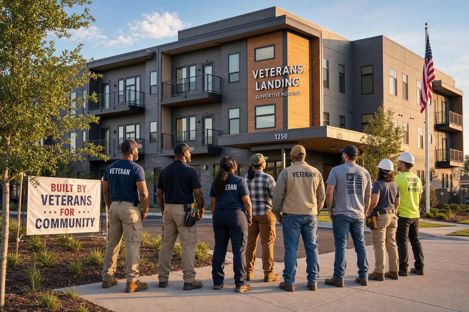 Veteran workforce gathered outside a completed supportive housing building
